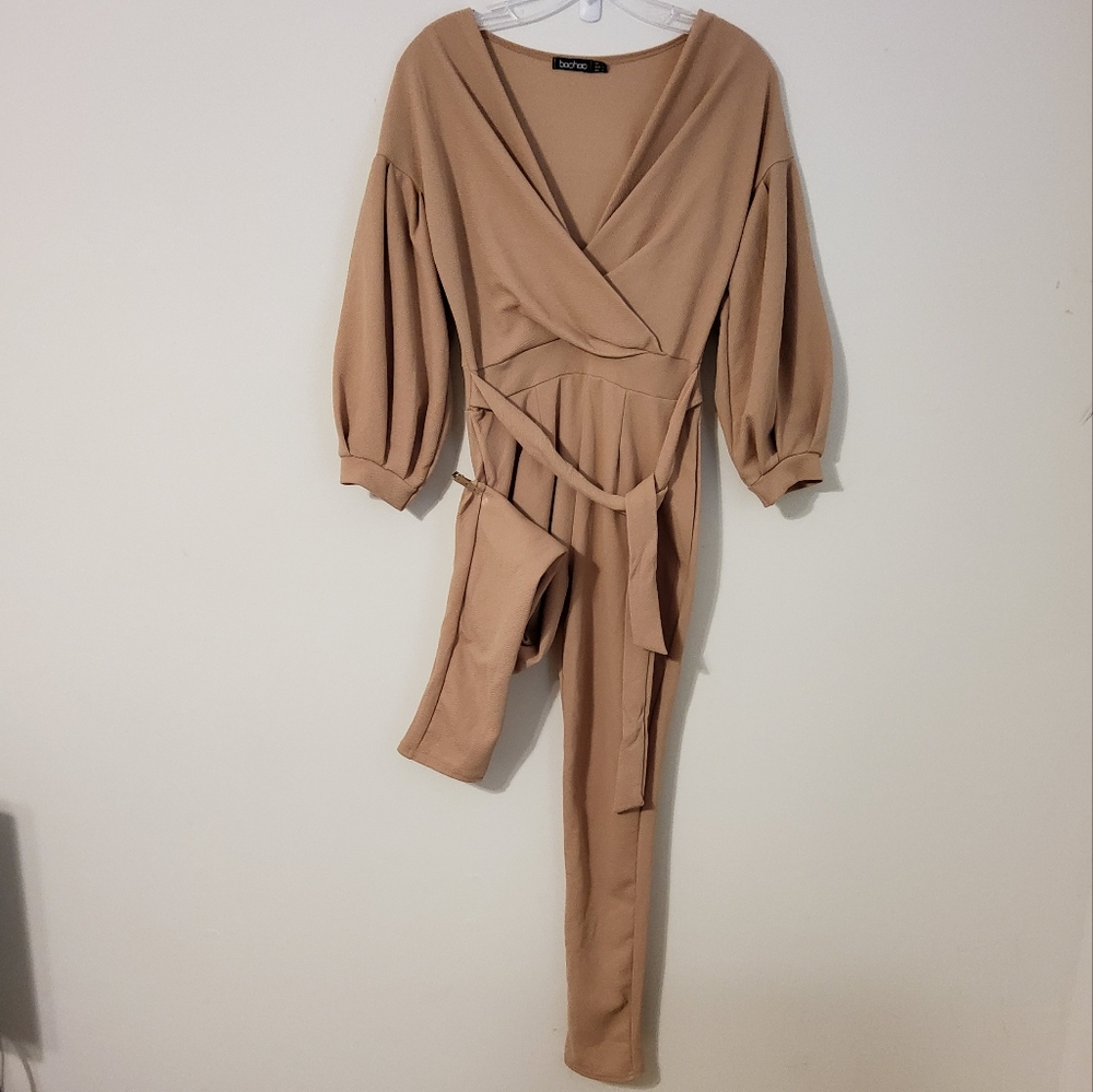 Boohoo Tan Long Lantern Sleeve Wrap-Style Jumpsuit